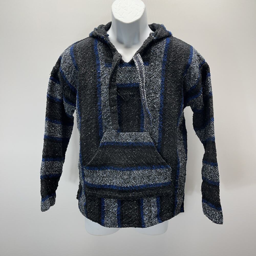 Earthbound Trading Co. Blue Black White Striped Drug Rug Hoodie Size S